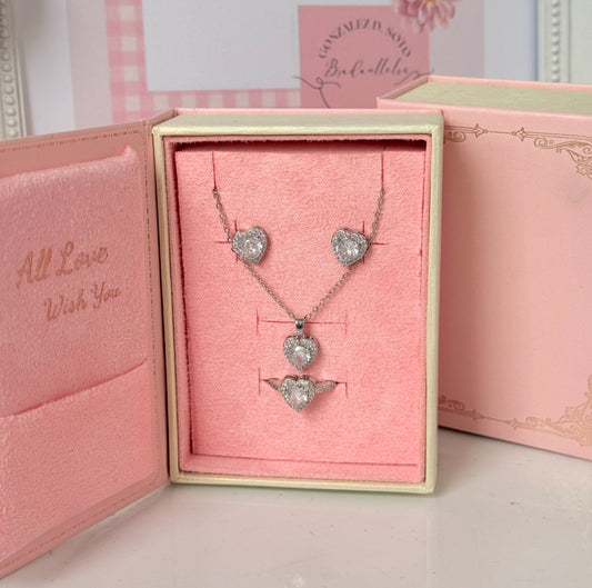 Set plateado de corazon (estuche libro)